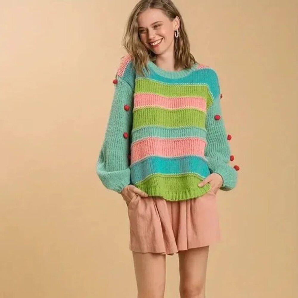 Fun Colourful Pom Pom Sweater! Size XL Blue Green Red Pink